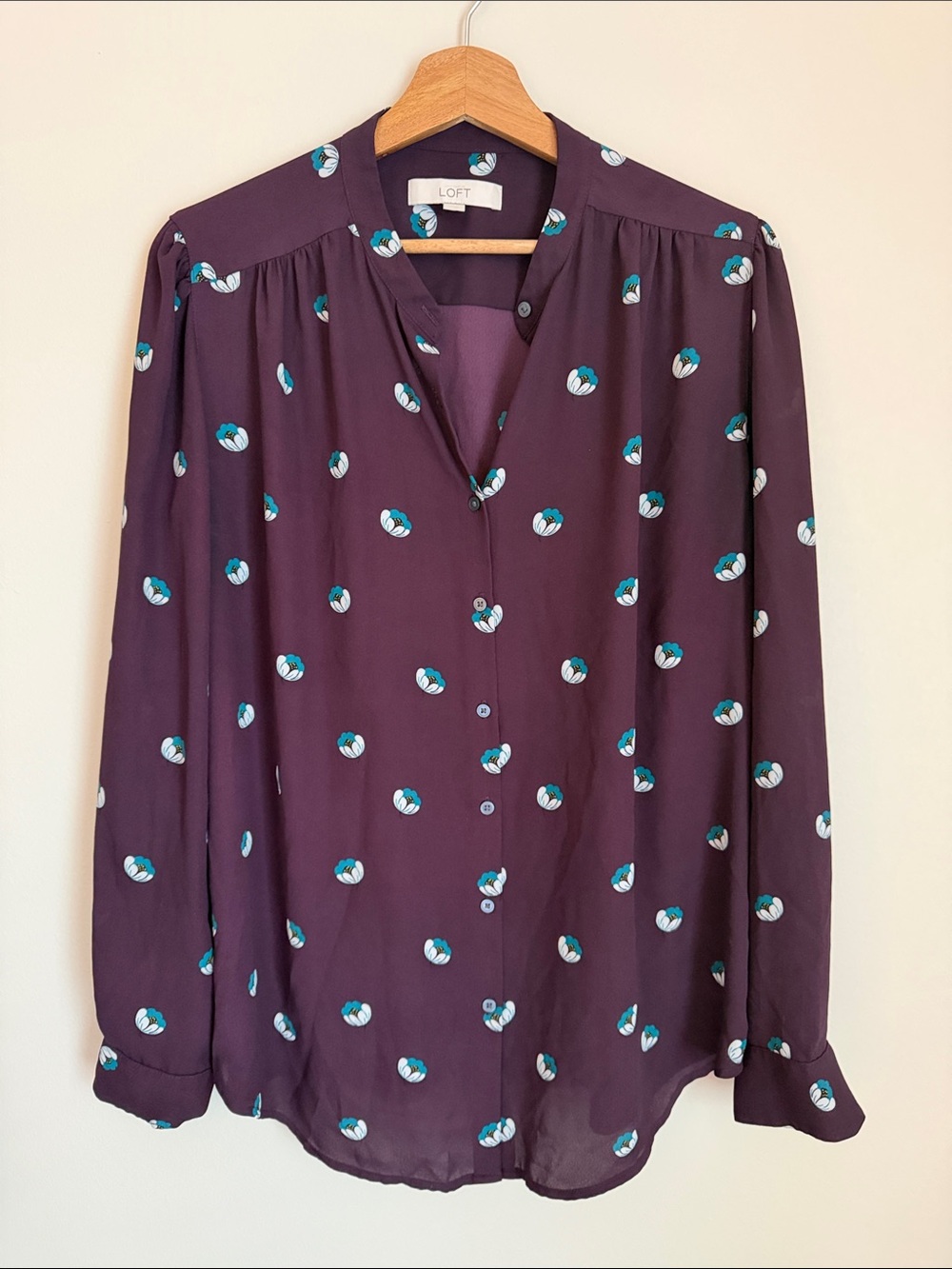 LOFT Plum Long-Sleeve Button-Front Blouse with Teal and White Floral Dots